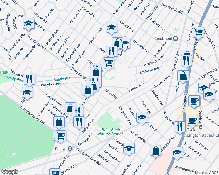 map of restaurants, bars, coffee shops, grocery stores, and more near 2310 Woodland Road in Abington