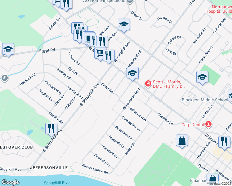 map of restaurants, bars, coffee shops, grocery stores, and more near 50 South Wakefield Road in Norristown