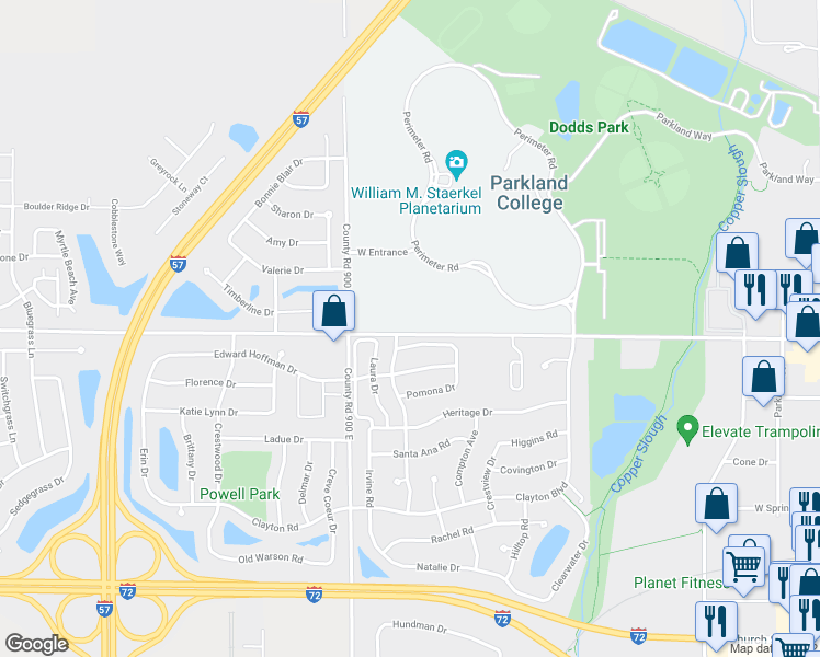 map of restaurants, bars, coffee shops, grocery stores, and more near 2802 West Bradley Avenue in Champaign