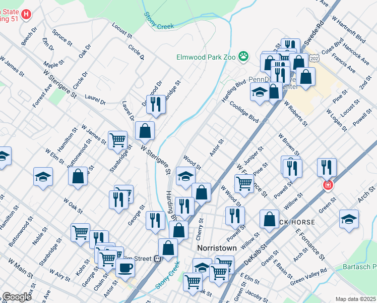 map of restaurants, bars, coffee shops, grocery stores, and more near 1314 Harding Boulevard in Norristown