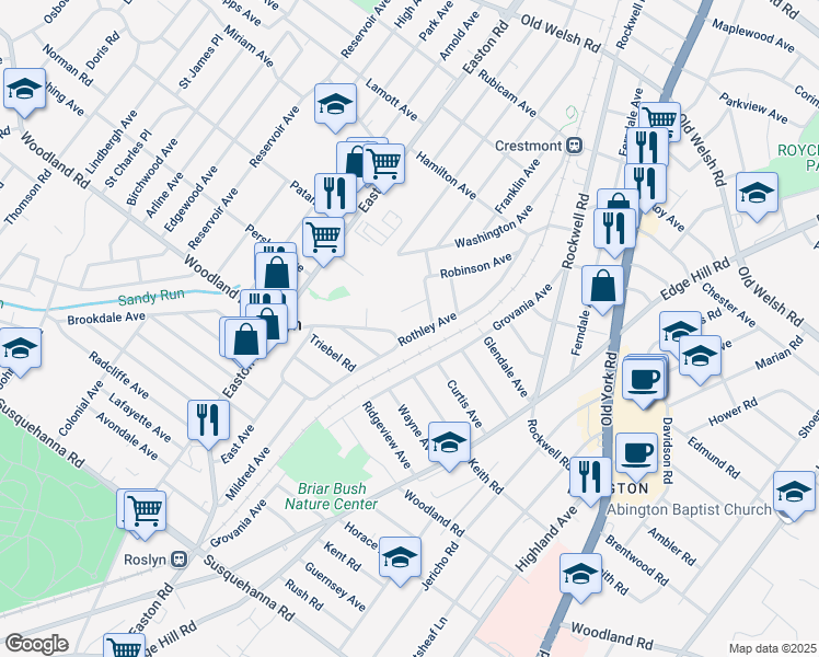 map of restaurants, bars, coffee shops, grocery stores, and more near 1412 Rothley Avenue in Willow Grove