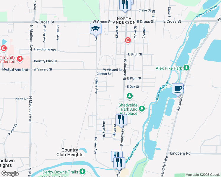 map of restaurants, bars, coffee shops, grocery stores, and more near 121 West Oak Street in Anderson