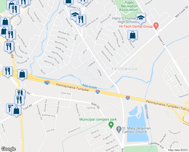 map of restaurants, bars, coffee shops, grocery stores, and more near 112 Pamela Court in Levittown