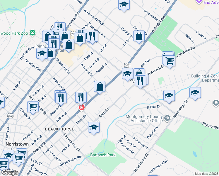 map of restaurants, bars, coffee shops, grocery stores, and more near 1800 DeKalb Street in Norristown
