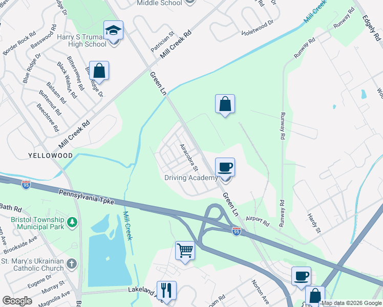 map of restaurants, bars, coffee shops, grocery stores, and more near 5815 Mitchell Road in Levittown