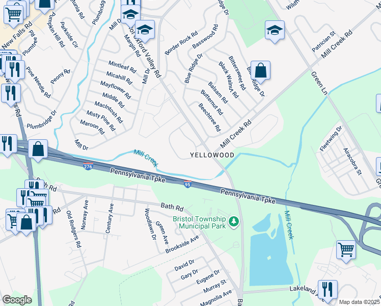 map of restaurants, bars, coffee shops, grocery stores, and more near 87 Joan Court in Levittown