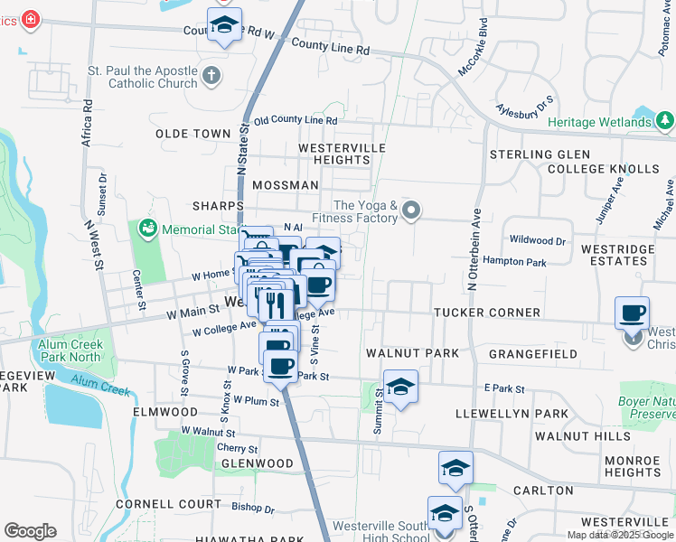 map of restaurants, bars, coffee shops, grocery stores, and more near 130 East Home Street in Westerville
