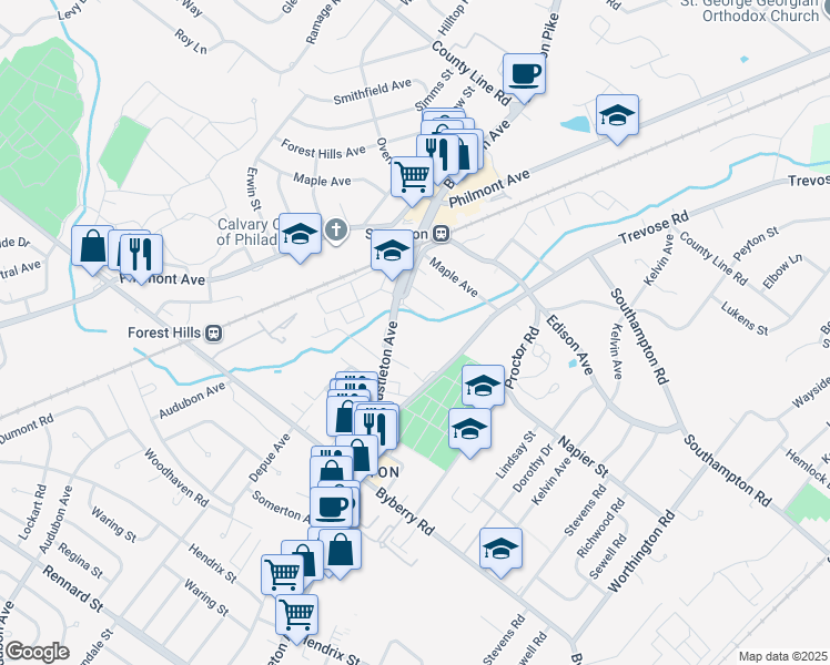 map of restaurants, bars, coffee shops, grocery stores, and more near 13109 Bustleton Avenue in Philadelphia
