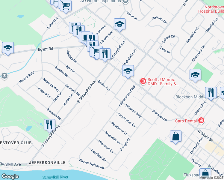map of restaurants, bars, coffee shops, grocery stores, and more near 50 South Wakefield Road in Norristown