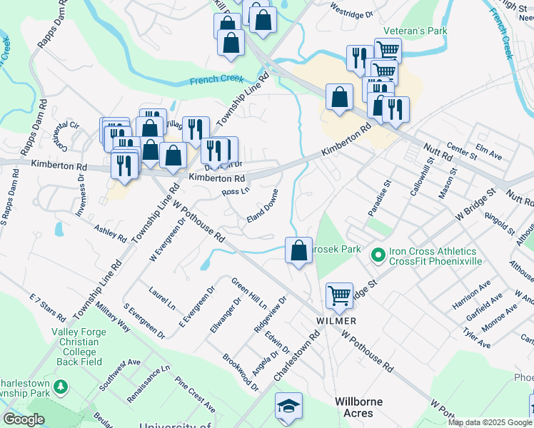 map of restaurants, bars, coffee shops, grocery stores, and more near 4302 Eland Downe in Phoenixville