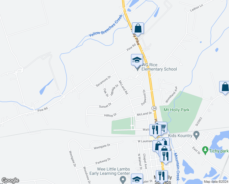 map of restaurants, bars, coffee shops, grocery stores, and more near 107 Hillside Drive in Mount Holly Springs