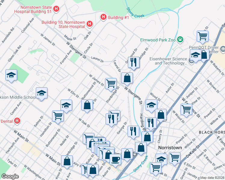 map of restaurants, bars, coffee shops, grocery stores, and more near 1011 Stanbridge Street in Norristown