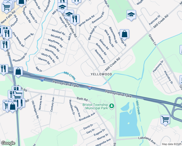 map of restaurants, bars, coffee shops, grocery stores, and more near 87 Joan Court in Levittown