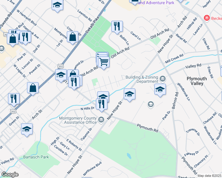 map of restaurants, bars, coffee shops, grocery stores, and more near 319 Warsaw Street in Montgomery County