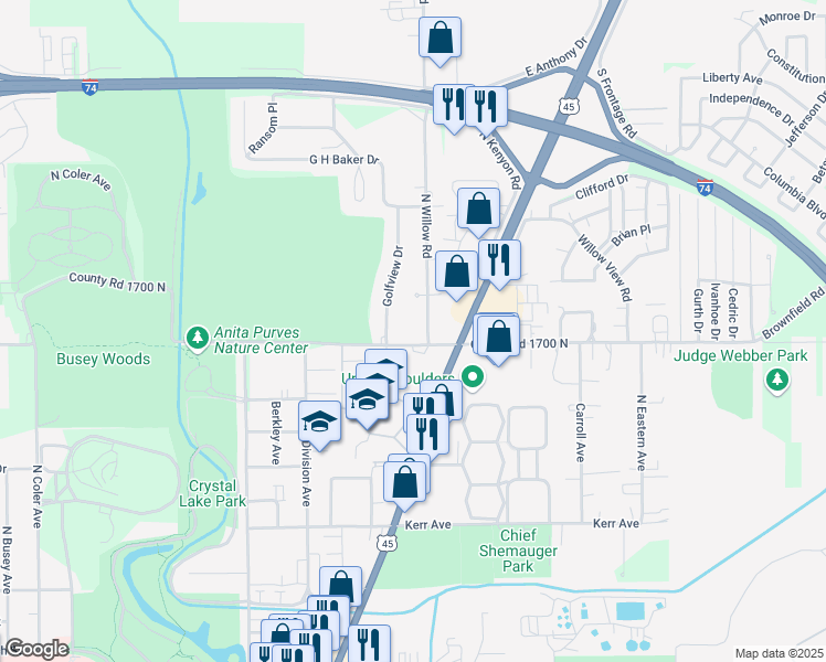 map of restaurants, bars, coffee shops, grocery stores, and more near 1605 North Willow Road in Urbana
