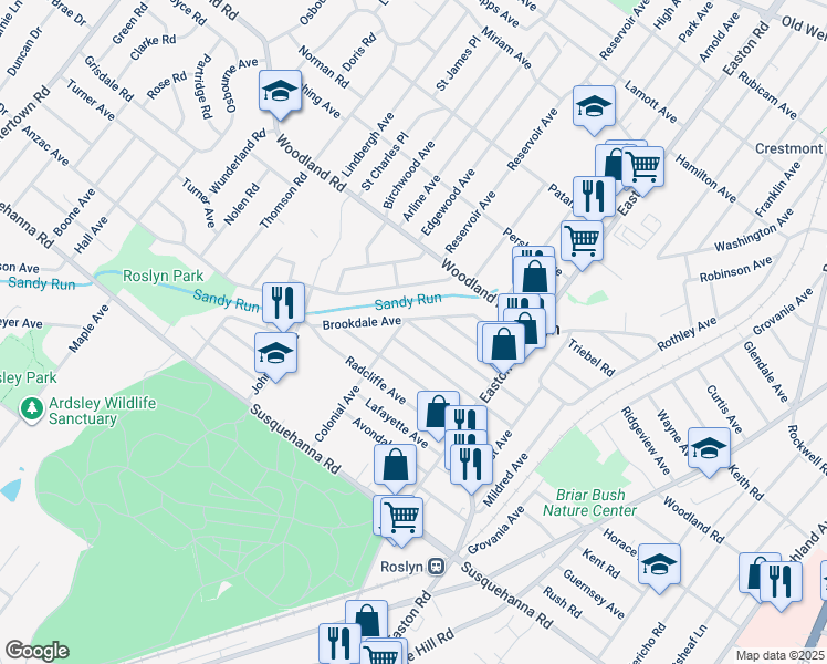 map of restaurants, bars, coffee shops, grocery stores, and more near 2469 Norwood Avenue in Abington
