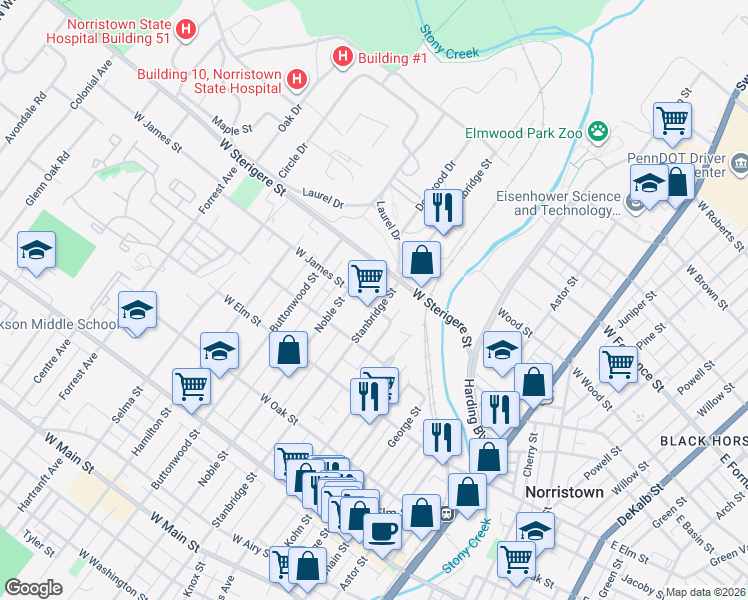 map of restaurants, bars, coffee shops, grocery stores, and more near 1011 Stanbridge Street in Norristown