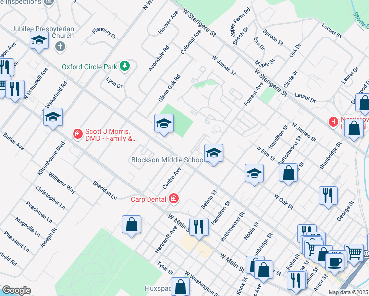map of restaurants, bars, coffee shops, grocery stores, and more near 118 Centre Avenue in Eagleville