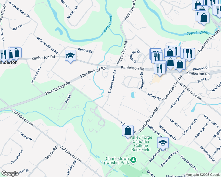 map of restaurants, bars, coffee shops, grocery stores, and more near 1212 South Rapps Dam Road in Phoenixville