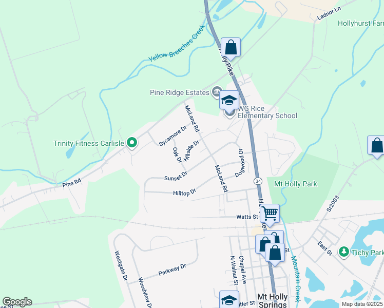 map of restaurants, bars, coffee shops, grocery stores, and more near 107 Hillside Drive in Mount Holly Springs