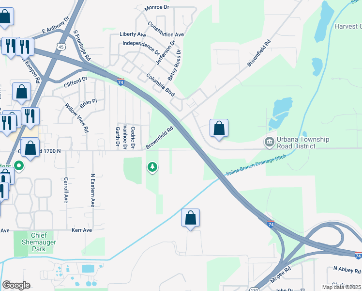 map of restaurants, bars, coffee shops, grocery stores, and more near 1902 East Perkins Road in Urbana