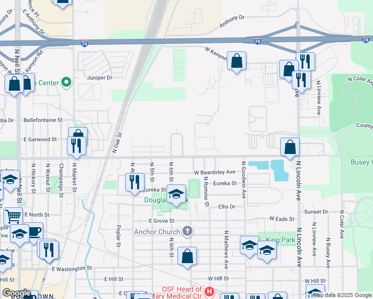 map of restaurants, bars, coffee shops, grocery stores, and more near 1209 Carver Drive in Champaign