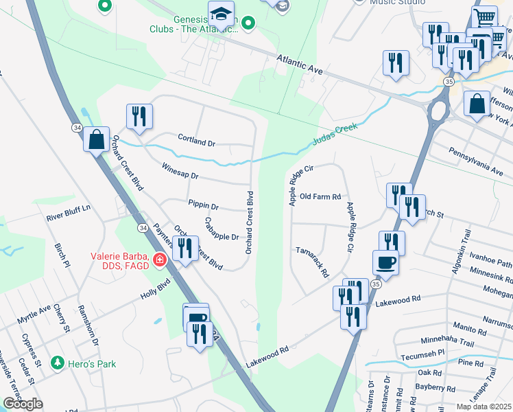 map of restaurants, bars, coffee shops, grocery stores, and more near 2374 Orchard Crest Boulevard in Manasquan