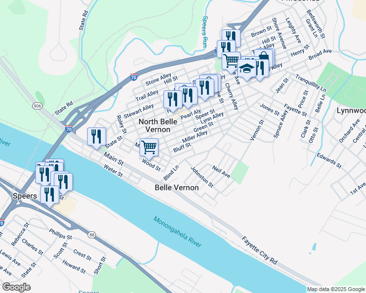 map of restaurants, bars, coffee shops, grocery stores, and more near 409 Bluff Street in Belle Vernon