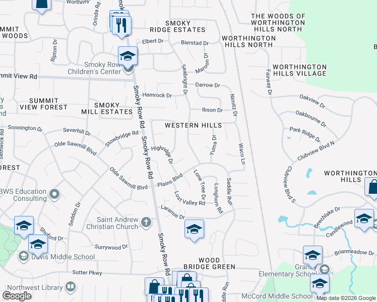 map of restaurants, bars, coffee shops, grocery stores, and more near 8354 Seabright Drive in Powell