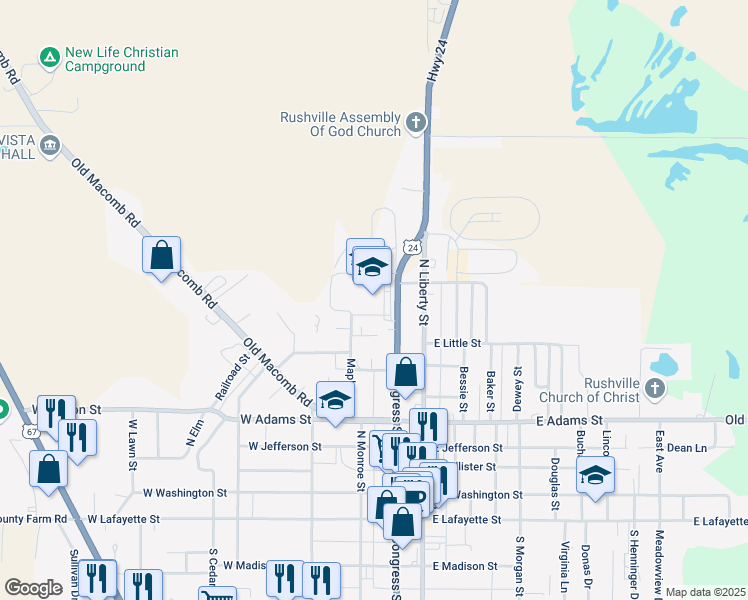map of restaurants, bars, coffee shops, grocery stores, and more near 730 North Congress Street in Rushville