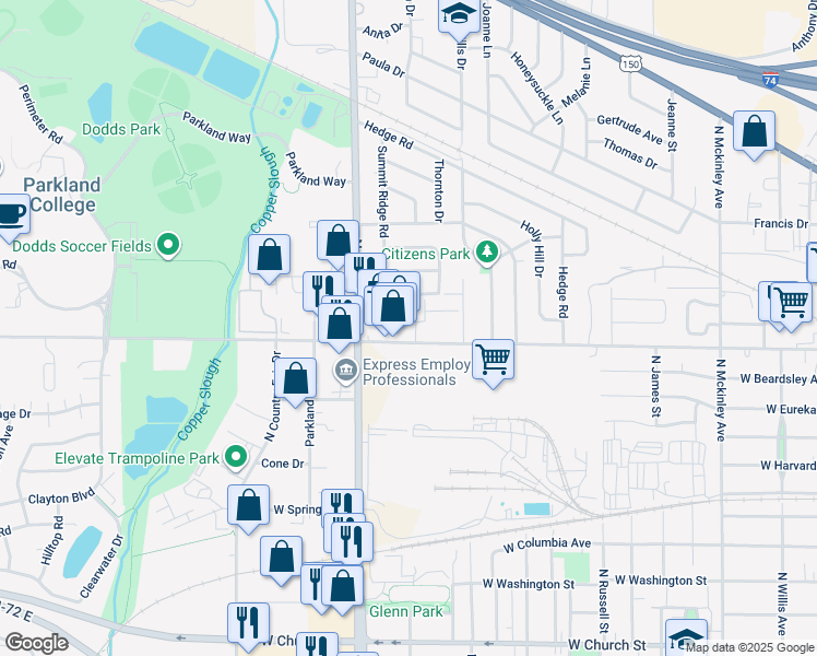 map of restaurants, bars, coffee shops, grocery stores, and more near 1704 West Bradley Avenue in Champaign
