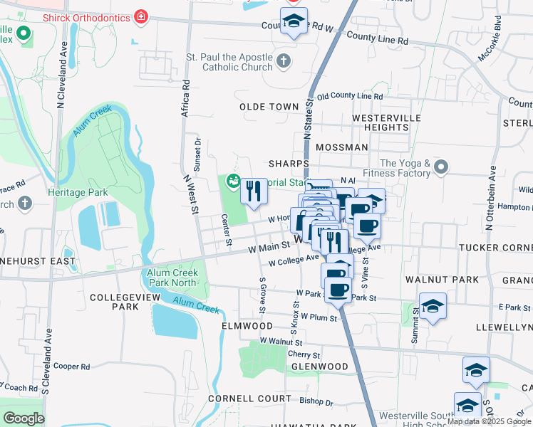 map of restaurants, bars, coffee shops, grocery stores, and more near 70 West Home Street in Westerville