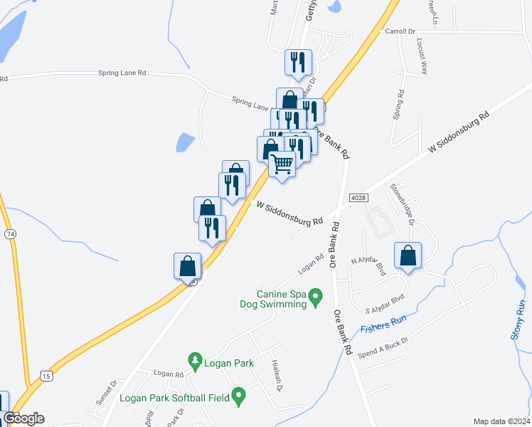 map of restaurants, bars, coffee shops, grocery stores, and more near 975 West Siddonsburg Road in Dillsburg