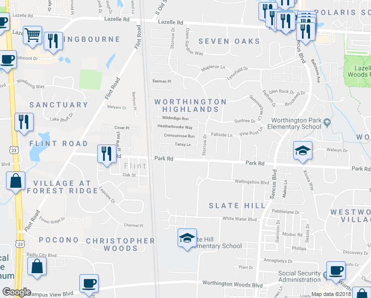 map of restaurants, bars, coffee shops, grocery stores, and more near 7992 Wildflower Lane in Westerville