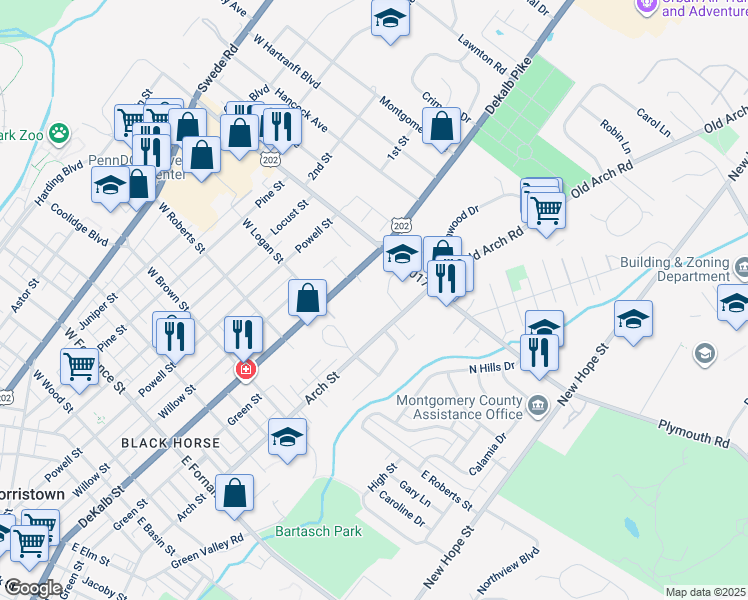 map of restaurants, bars, coffee shops, grocery stores, and more near Arbor Place in Delaware County