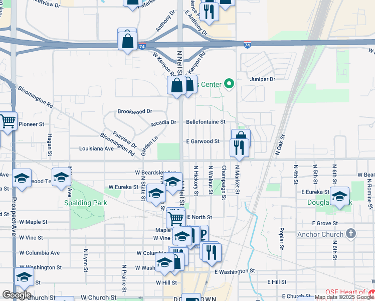 map of restaurants, bars, coffee shops, grocery stores, and more near 1208 North Neil Street in Champaign