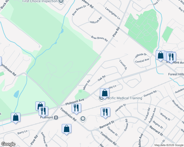 map of restaurants, bars, coffee shops, grocery stores, and more near 3206 Manor Road in Montgomery County