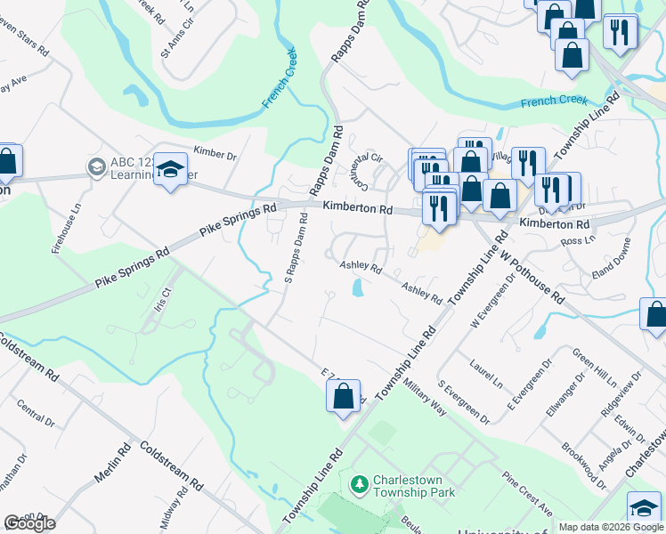map of restaurants, bars, coffee shops, grocery stores, and more near 124 Ashley Rd in Phoenixville