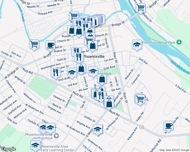 map of restaurants, bars, coffee shops, grocery stores, and more near 416 Main Street in Phoenixville