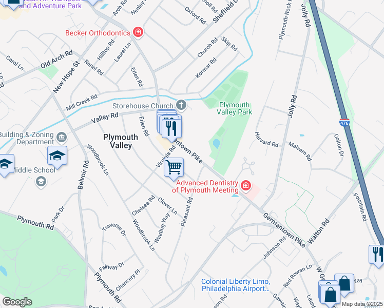map of restaurants, bars, coffee shops, grocery stores, and more near Germantown Pike in Plymouth Meeting