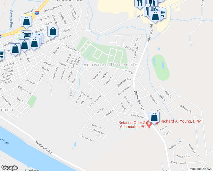 map of restaurants, bars, coffee shops, grocery stores, and more near 116 Liberty Avenue in Belle Vernon