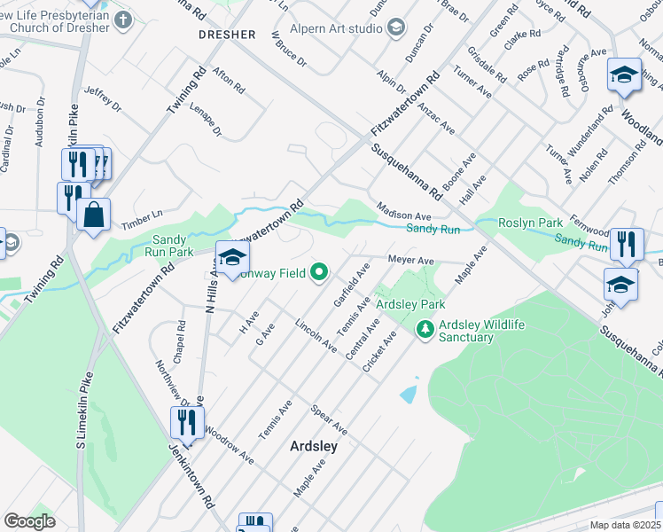 map of restaurants, bars, coffee shops, grocery stores, and more near 3009 Jefferson Ave in Glenside