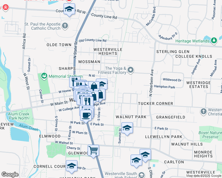 map of restaurants, bars, coffee shops, grocery stores, and more near 130 East Home Street in Westerville
