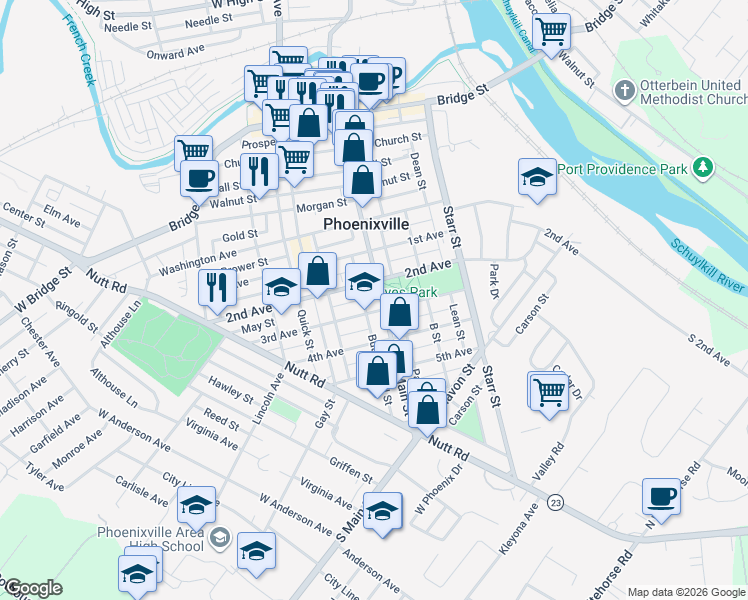 map of restaurants, bars, coffee shops, grocery stores, and more near 416 Main Street in Phoenixville