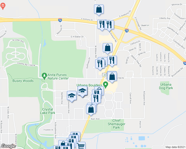 map of restaurants, bars, coffee shops, grocery stores, and more near 1605 North Willow Road in Urbana