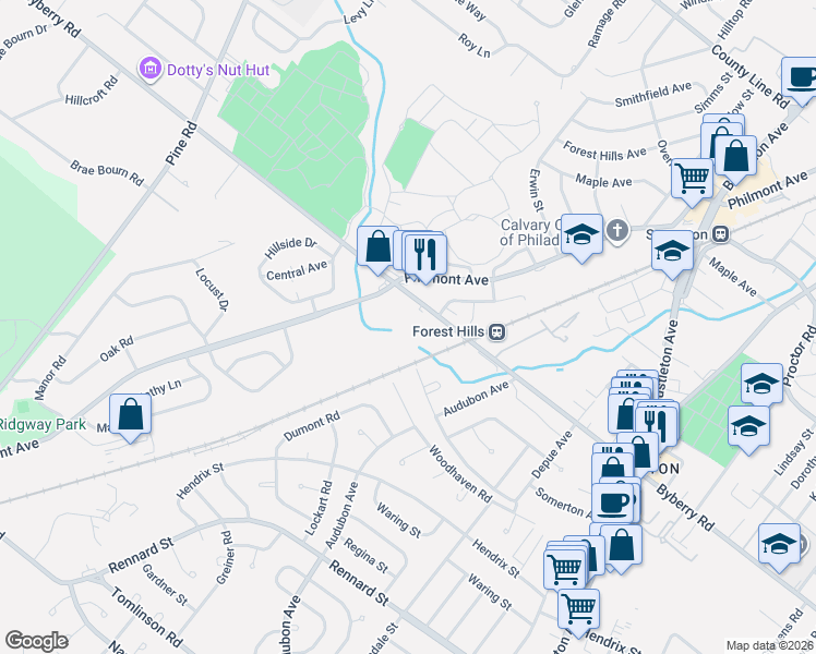 map of restaurants, bars, coffee shops, grocery stores, and more near 110 Byberry Road in Philadelphia