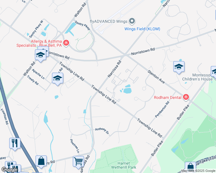 map of restaurants, bars, coffee shops, grocery stores, and more near 38 Winston Court in Blue Bell