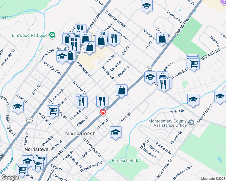 map of restaurants, bars, coffee shops, grocery stores, and more near 1719 Willow Street in Norristown