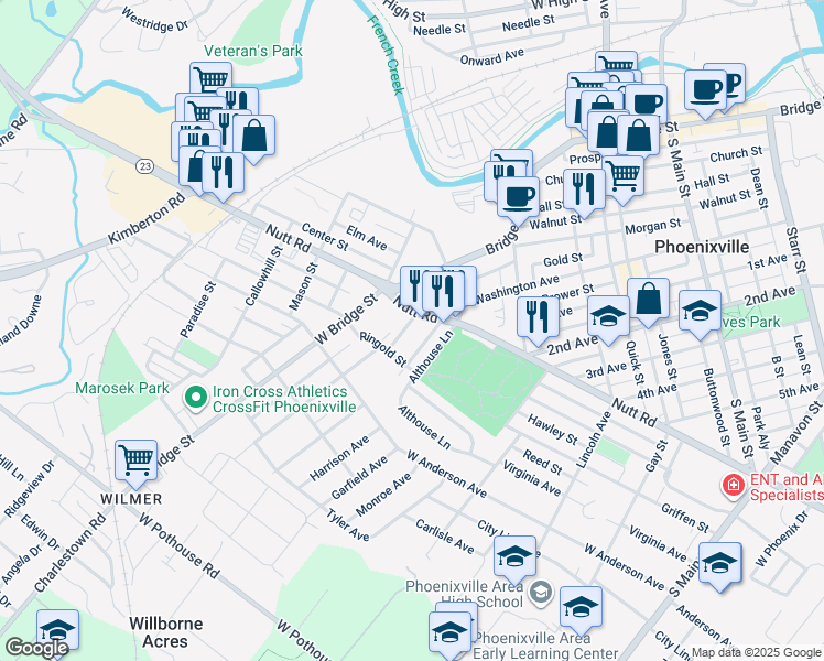 map of restaurants, bars, coffee shops, grocery stores, and more near 8 Cherry Street in Phoenixville
