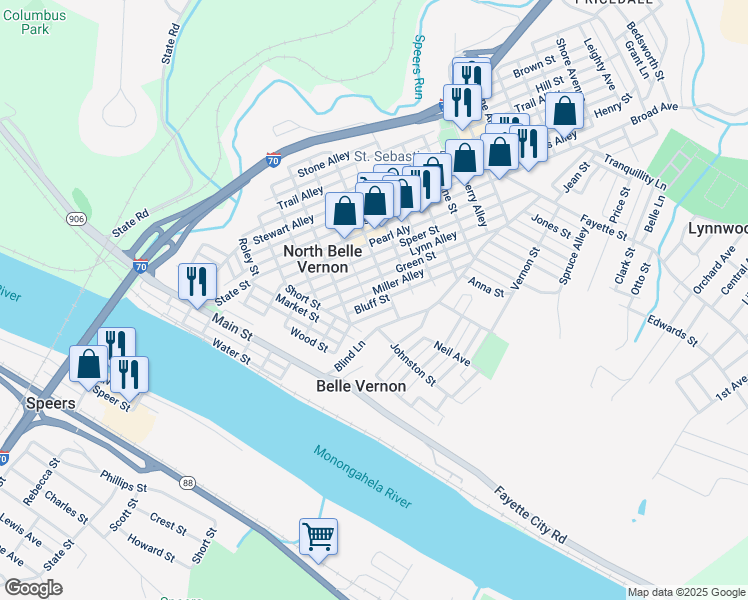 map of restaurants, bars, coffee shops, grocery stores, and more near 409 Bluff Street in Belle Vernon
